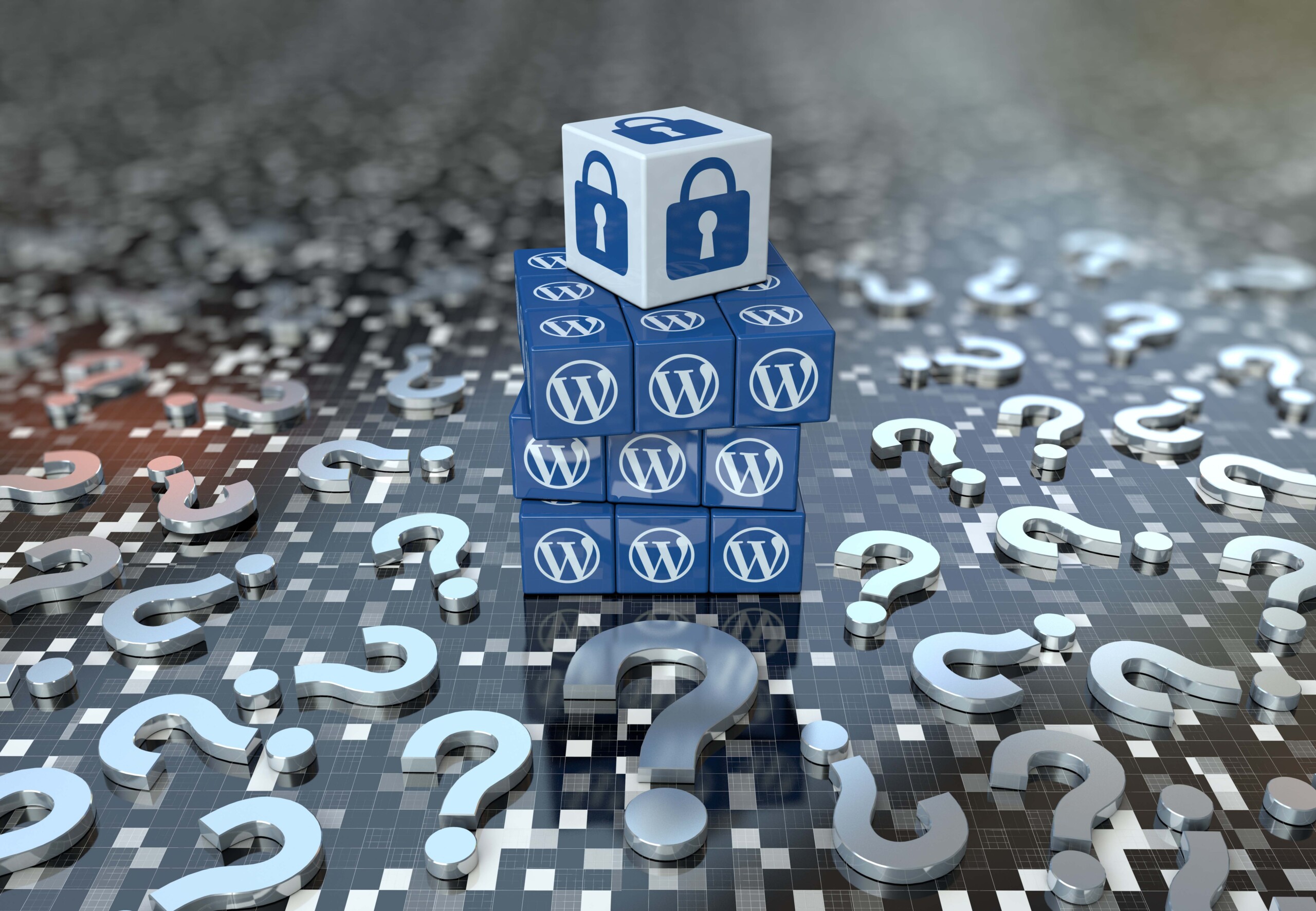 Blocks with the WordPress logo stacked up in a 3 by 3 by 3 formation, with a larger block with a lock icon on top, signifying security.