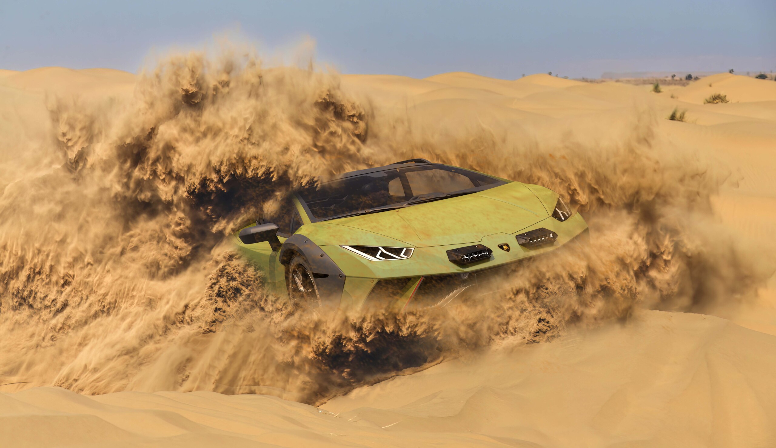An off-road style Lamborghini driving in a desert, creating a large cloud of dust.