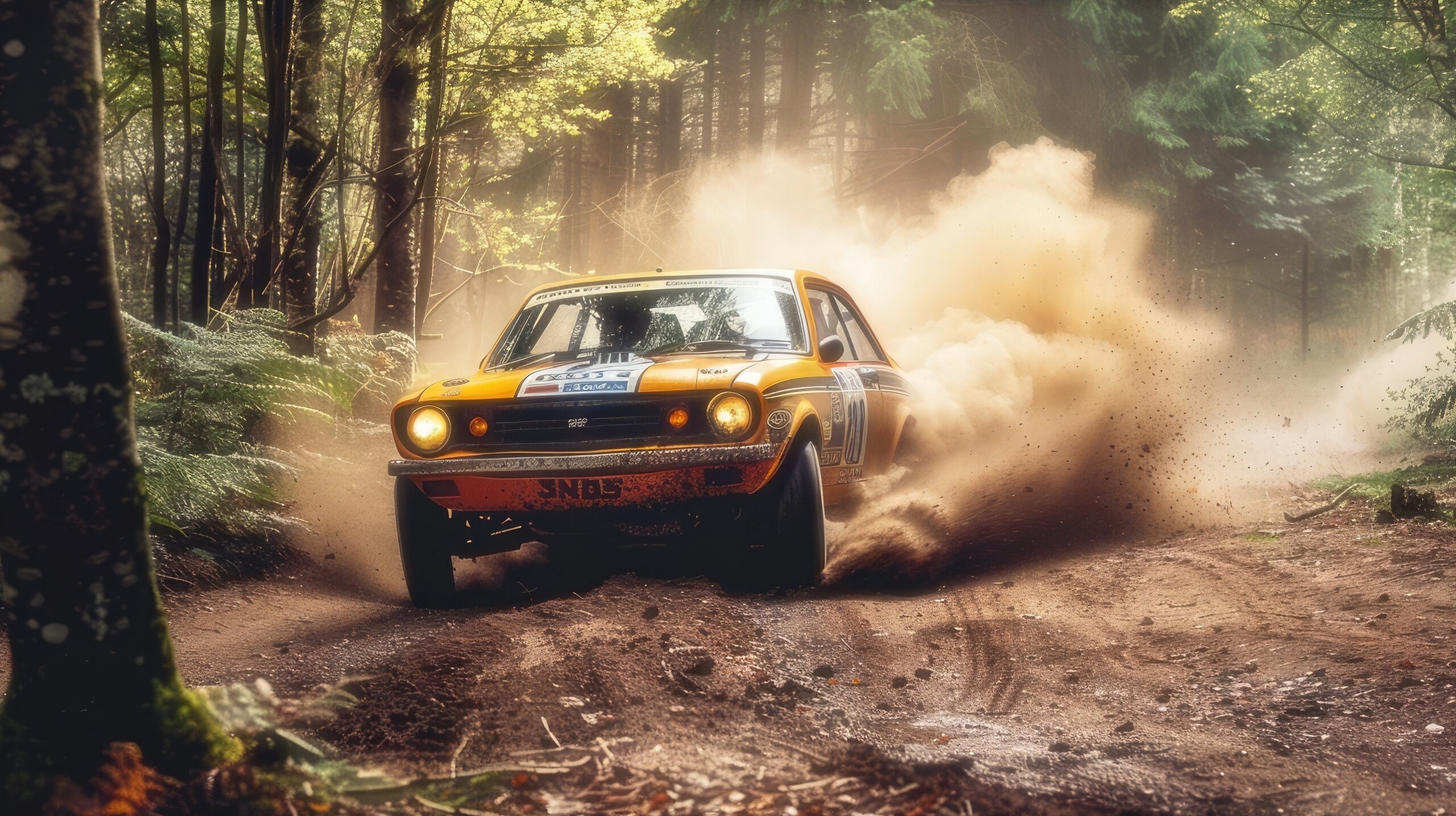 A rally car driving in the woods