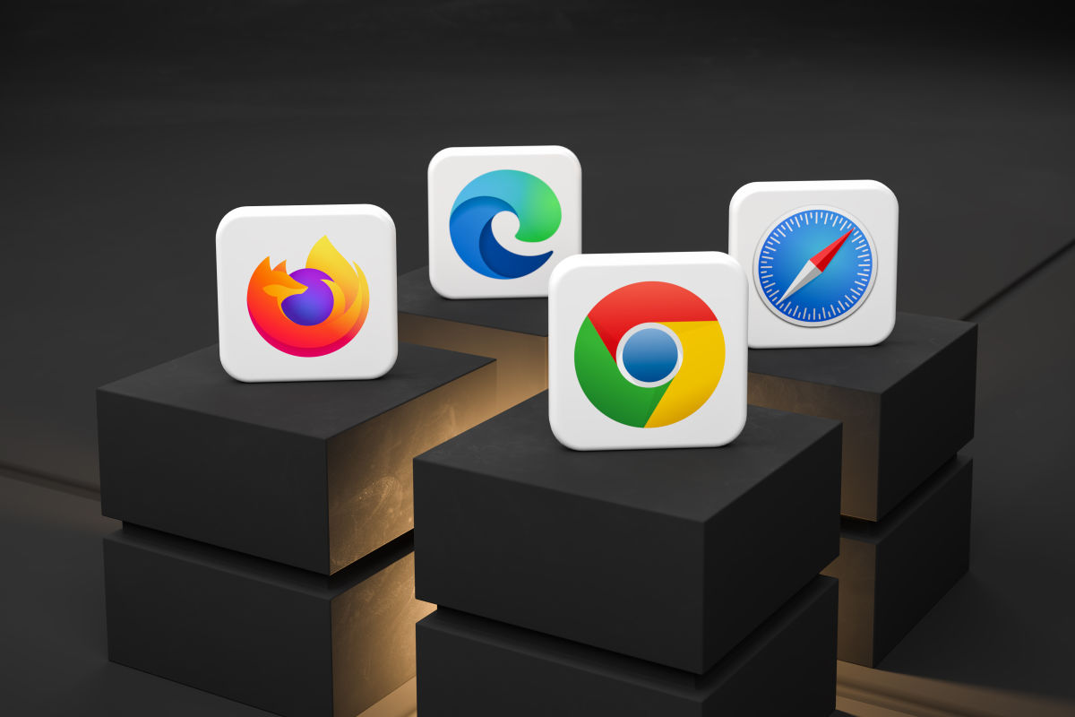 The icons for Firefox, Microsoft Edge, Google Chrome and Safari floating above blocks.