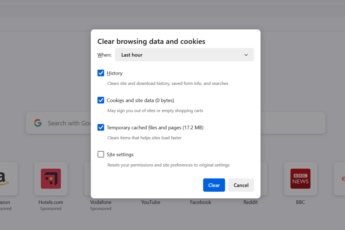 A screenshot of a Firefox browser on desktop, showing the settings for clearing browsing data and cookies