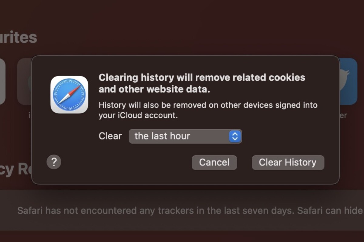 A screenshot of a Safari browser on desktop, showing the settings for clearing history