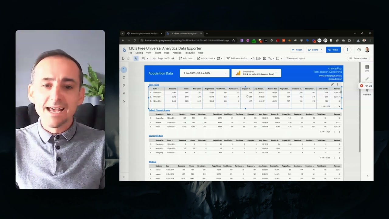 A screenshot from Tom Jepson's YouTube video about his data export and backup tool, showing him talking and a screen share of the export tool.