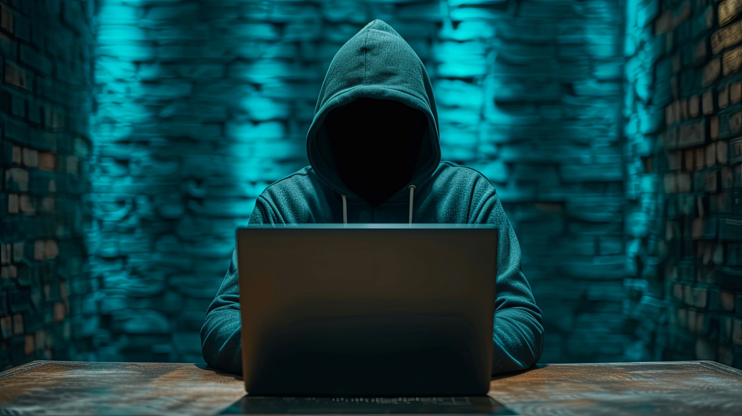 A hooded person, with their face obscured, who is sitting at a table and using a laptop.