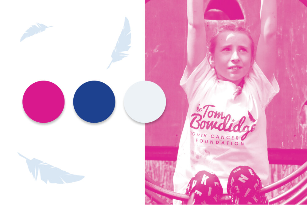 This is Fever's updates to the Tom Bowdidge brand, including new colours and a feathor motif alongside a tinted image of a fundraising participant.