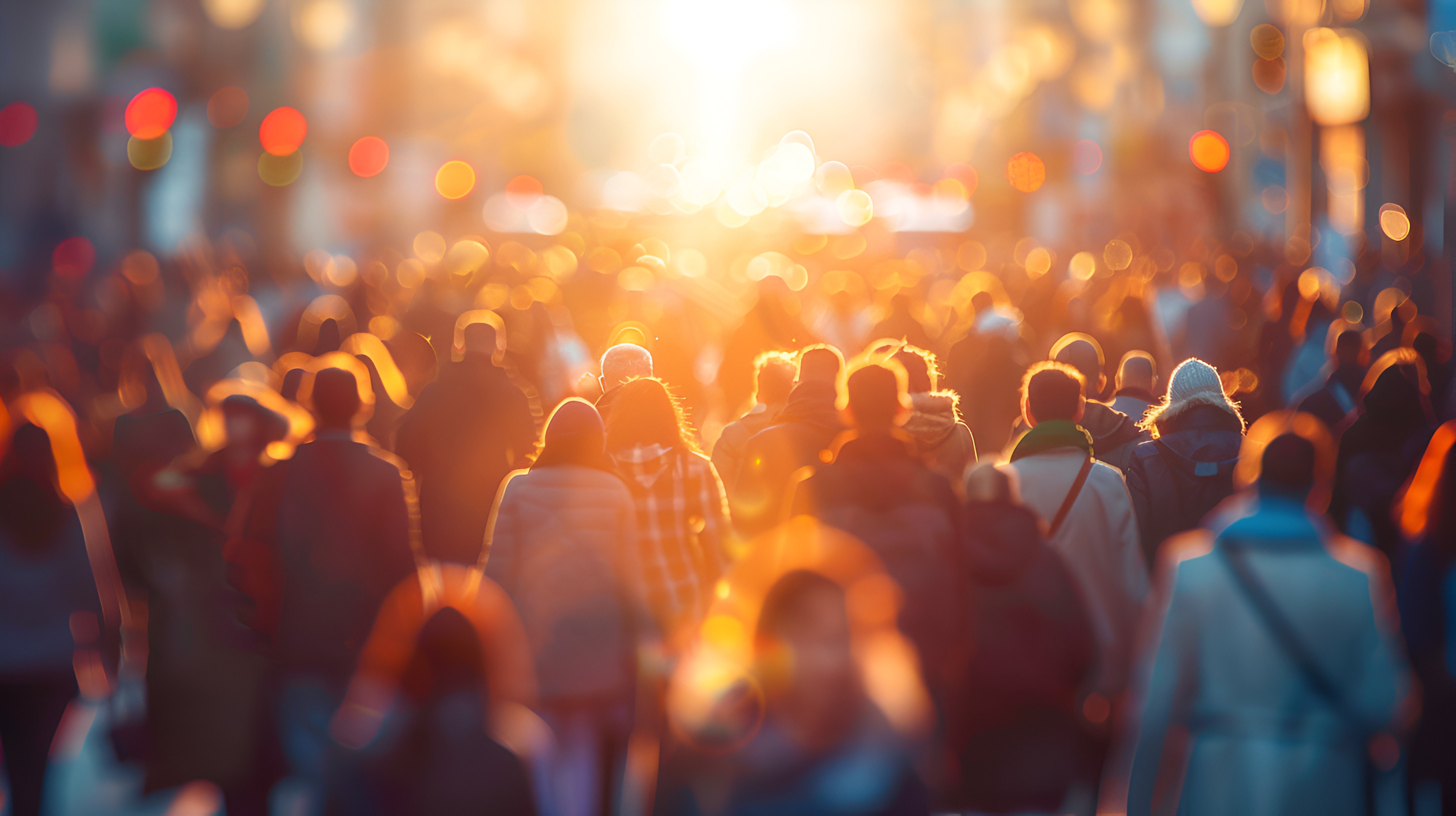 Blurred crowd of people walking on busy street, with sun setting in background